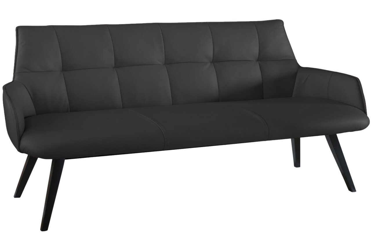 Novel Bank NIZZA Schwarze Bank mit gepolsterter Rückenlehne und Sitzfläche, seitliche Armlehnen, vier schräg gestellte Beine, Vorderansicht