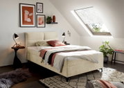 Gemütliches Boxbett in einem modernen Schlafzimmer mit schrägem Dachfenster, stilvoll dekoriert mit Wandbildern und Pflanzen, seitliche Perspektive.