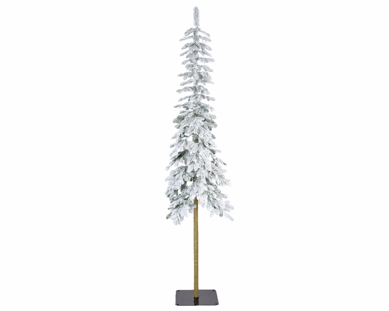 Schneebedeckte künstliche Tanne in voller Höhe, frontal fotografiert, mit schlankem Design und stabilem Standfuß.