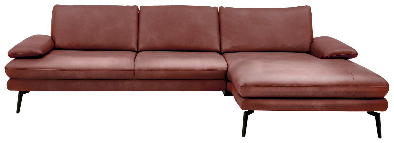 Rote Longchairkombination mit modernem Design, bestehend aus einem Sofa mit drei Sitzplätzen und einem rechtsseitigen Longchair, frontal betrachtet.