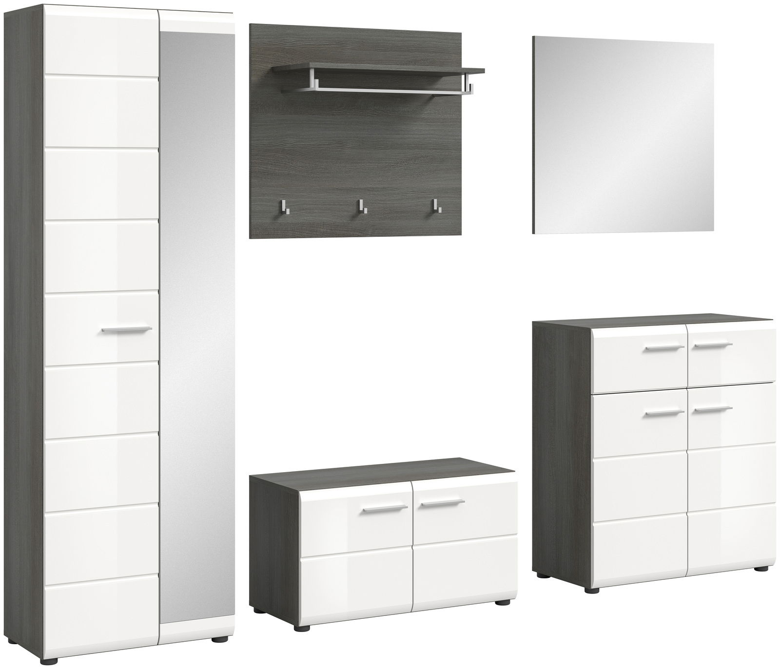 MID.YOU Garderobenkombination SALSA Garderobenkombination SALSA in moderner Perspektive mit weiß glänzenden Fronten und dunklen Holzseiten, bestehend aus einem hohen Schrank mit Spiegel, einer Wandgarderobe mit Haken und Ablage, einem Spiegel und zwei Kommoden.