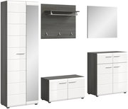 Garderobenkombination SALSA in moderner Perspektive mit weiß glänzenden Fronten und dunklen Holzseiten, bestehend aus einem hohen Schrank mit Spiegel, einer Wandgarderobe mit Haken und Ablage, einem Spiegel und zwei Kommoden.