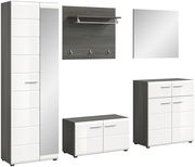Garderobenkombination SALSA in moderner Perspektive mit weiß glänzenden Fronten und dunklen Holzseiten, bestehend aus einem hohen Schrank mit Spiegel, einer Wandgarderobe mit Haken und Ablage, einem Spiegel und zwei Kommoden.