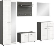 Garderobenkombination SALSA in moderner Perspektive mit weiß glänzenden Fronten und dunklen Holzseiten, bestehend aus einem hohen Schrank mit Spiegel, einer Wandgarderobe mit Haken und Ablage, einem Spiegel und zwei Kommoden.