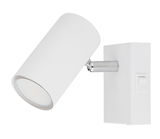 Weißer Strahler mit zylindrischem Lampenschirm und Schalter, seitliche Perspektive