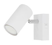 Weißer Strahler mit zylindrischem Lampenschirm und Schalter, seitliche Perspektive