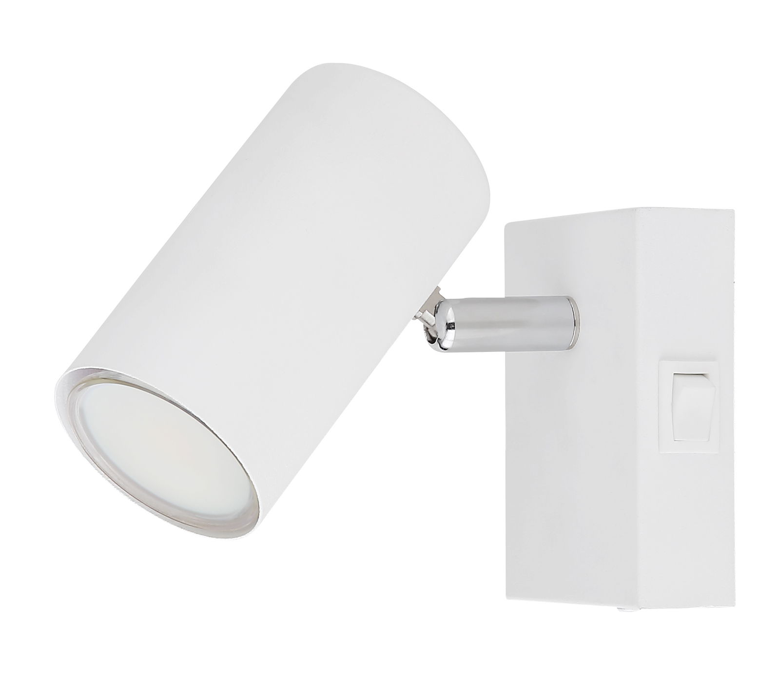 Weißer Strahler mit zylindrischem Lampenschirm und Schalter, seitliche Perspektive