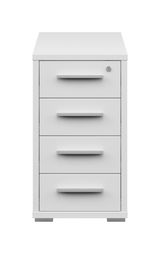 Weißer Anstellcontainer mit vier Schubladen, frontal betrachtet