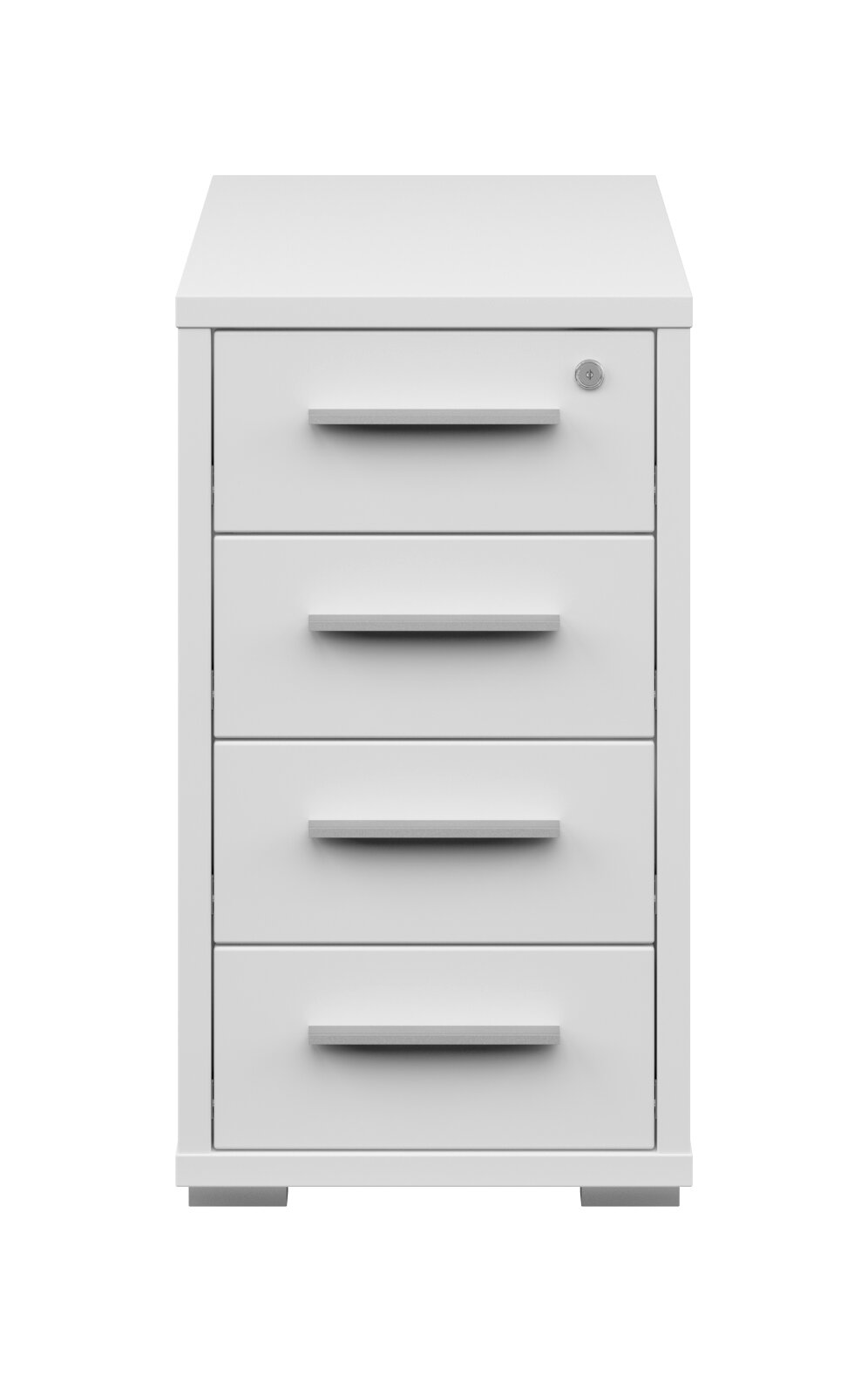 Weißer Anstellcontainer mit vier Schubladen, frontal betrachtet