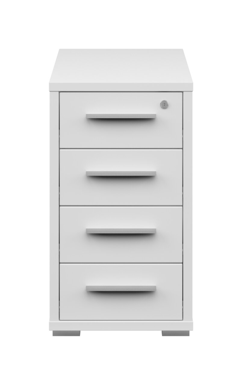 Weißer Anstellcontainer mit vier Schubladen, frontal betrachtet