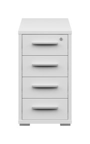 Weißer Anstellcontainer mit vier Schubladen, frontal betrachtet