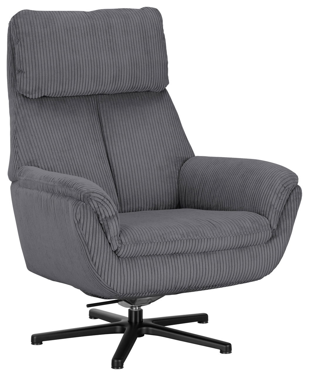 Beldomo Style Sessel LAGOS Grauer Sessel mit geripptem Stoffbezug, drehbar auf einem schwarzen Metallfuß, seitliche Perspektive