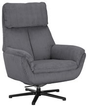 Grauer Sessel mit geripptem Stoffbezug, drehbar auf einem schwarzen Metallfuß, seitliche Perspektive