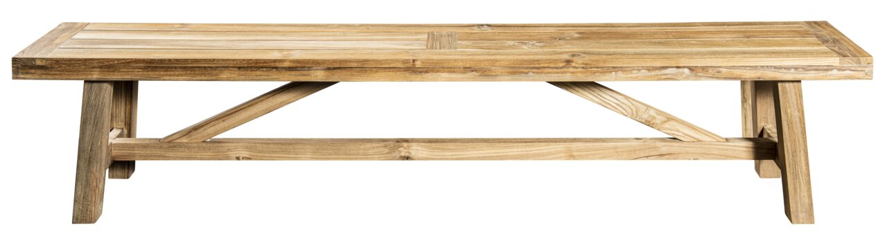 Houten tuinbank van licht hout, zijaanzicht