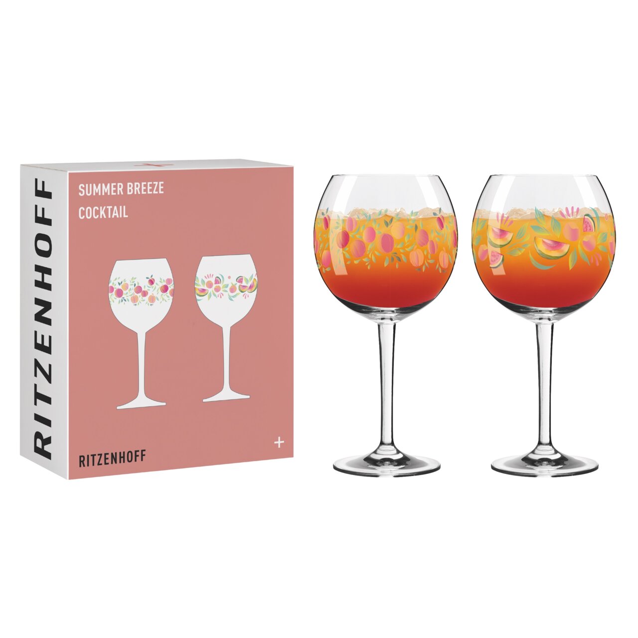 Zwei Cocktailgläser Summer Breeze mit buntem Blumenmuster, gefüllt mit einem orangefarbenen Getränk, neben der Verpackung. Frontalansicht.