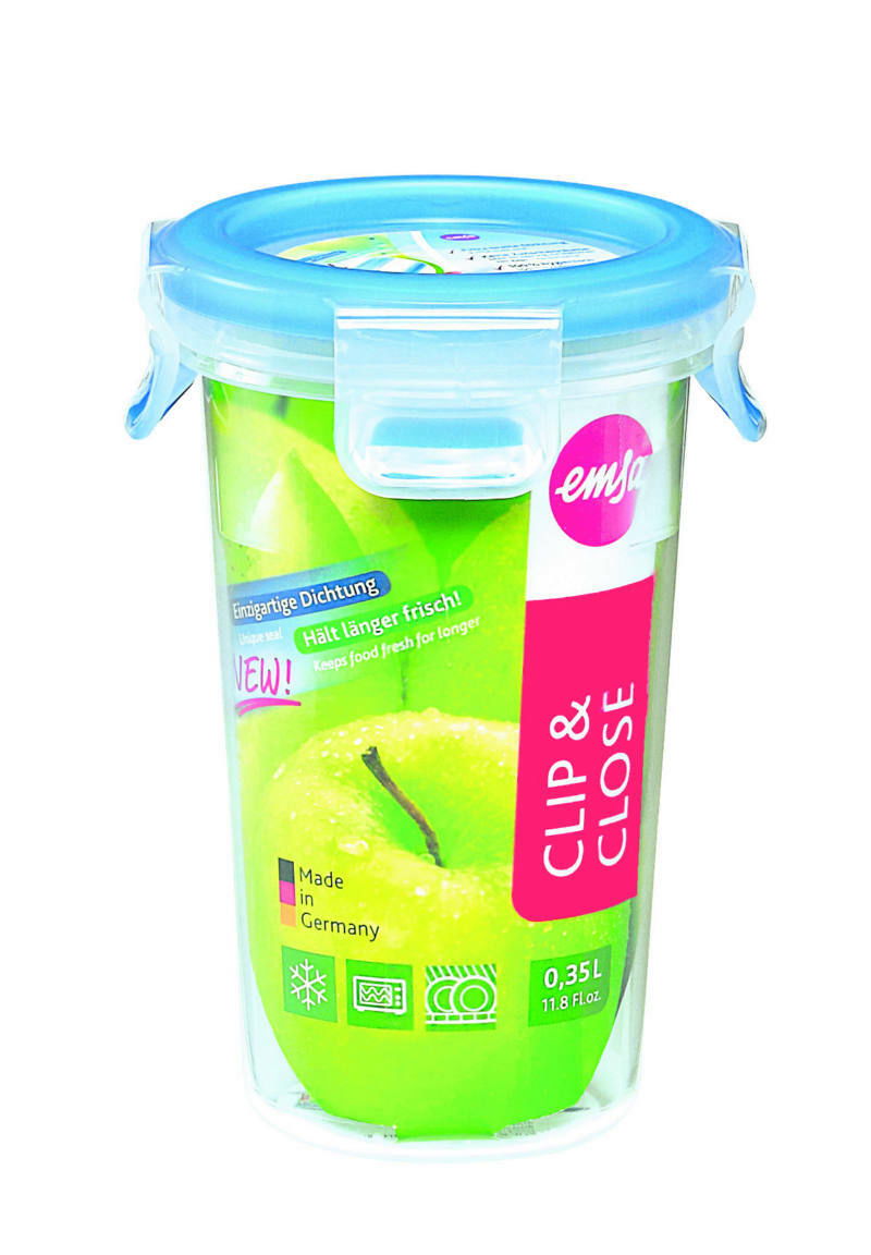 Transparente Dose CLIP & CLOSE 0,35 Liter mit blauem Deckel, frontal abgebildet. Hält Lebensmittel länger frisch, hergestellt in Deutschland.