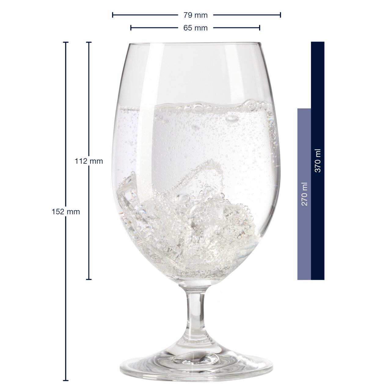Wasserglas Daily 370ml, Seitenansicht mit Eiswürfeln und sprudelndem Wasser gefüllt, Maße: 152 mm hoch, 79 mm Durchmesser.