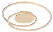 Moderne LED-Deckenleuchte in Gold/Champagner mit zwei ringförmigen Lichtkreisen und runder Deckenbasis, Ansicht schräg von unten (3/4-Perspektive)