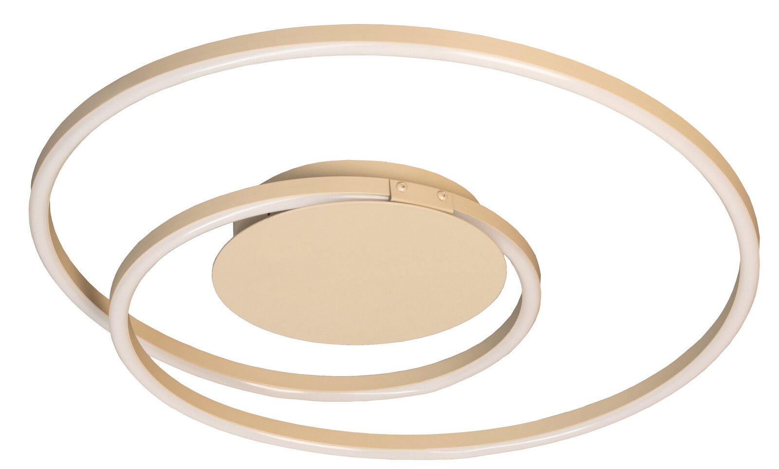 Moderne LED-Deckenleuchte in Gold/Champagner mit zwei ringförmigen Lichtkreisen und runder Deckenbasis, Ansicht schräg von unten (3/4-Perspektive)