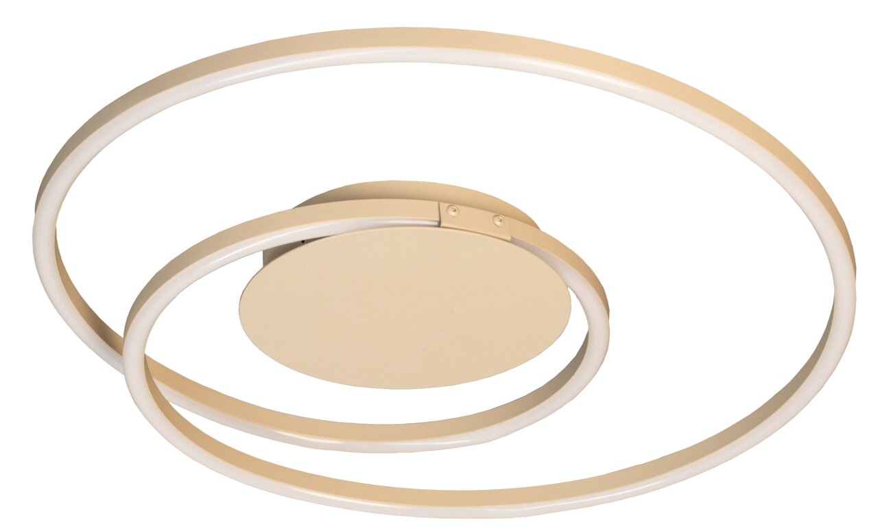 Moderne led-plafondlamp in goud/champagne met twee ringvormige lichtcirkels en een ronde plafondvoet, schuin van onderaf gezien (3/4-perspectief)