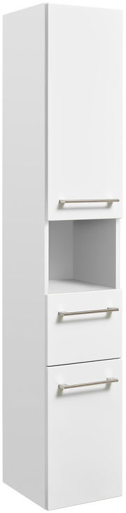 Weißer Hochschrank mit zwei Schubladen und einem offenen Fach, seitliche Perspektive