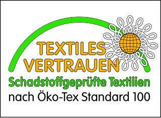 Öko-Tex Standard 100 Zertifikat für schadstoffgeprüfte Textilien, perspektivisch von vorne.