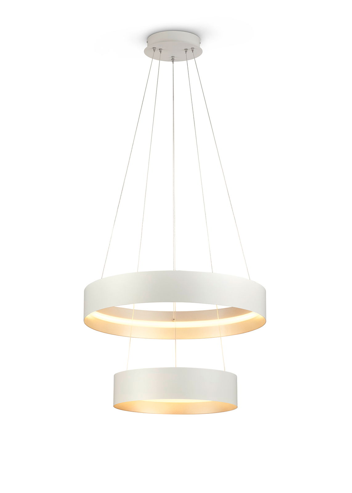 Moderne, zweistufige Pendelleuchte LOOP von Musterring in Weiß, von unten betrachtet.