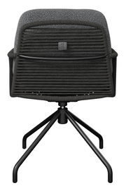 Rückansicht eines modernen Armlehnstuhls mit schwarzem Metallgestell und grauer Polsterung.