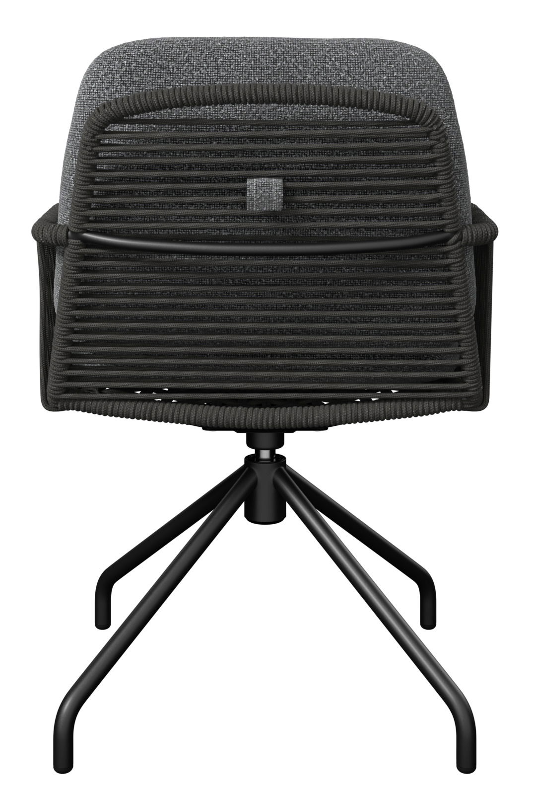 Rückansicht eines modernen Armlehnstuhls mit schwarzem Metallgestell und grauer Polsterung.