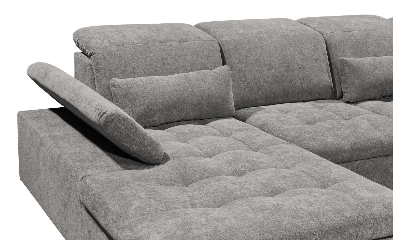 Graues Ecksofa mit verstellbarer Rückenlehne und Kissen, seitliche Perspektive