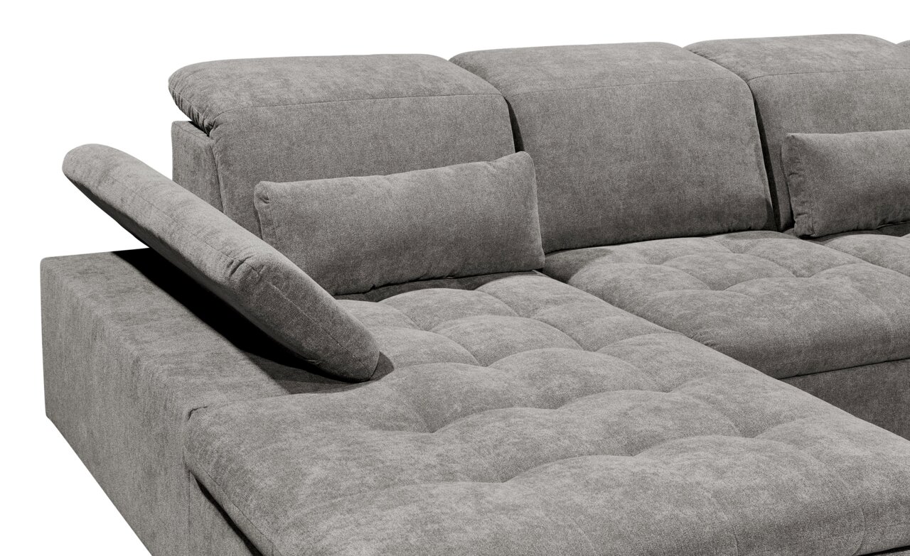 Graues Ecksofa mit verstellbarer Rückenlehne und Kissen, seitliche Perspektive