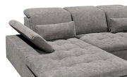 Graues Ecksofa mit verstellbarer Rückenlehne und Kissen, seitliche Perspektive