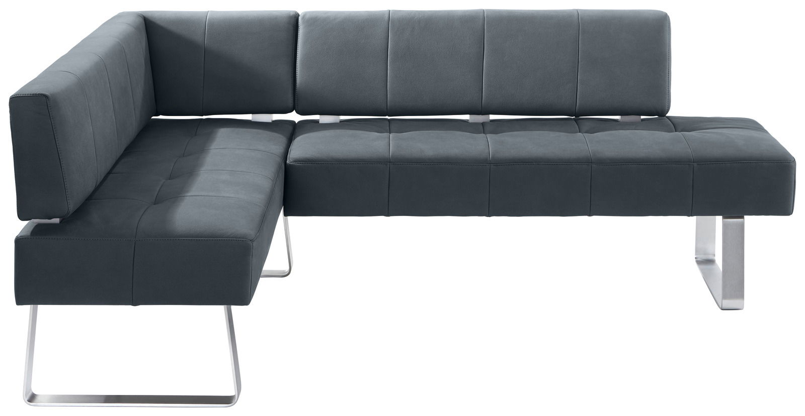 Moderne Eckbank in dunklem Leder mit Metallbeinen, Ansicht von vorne.