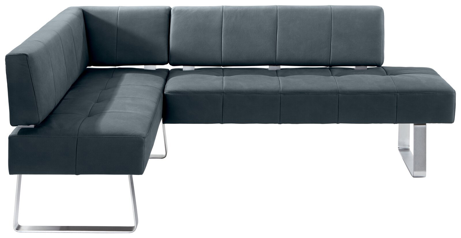 Moderne Eckbank in dunklem Leder mit Metallbeinen, Ansicht von vorne.