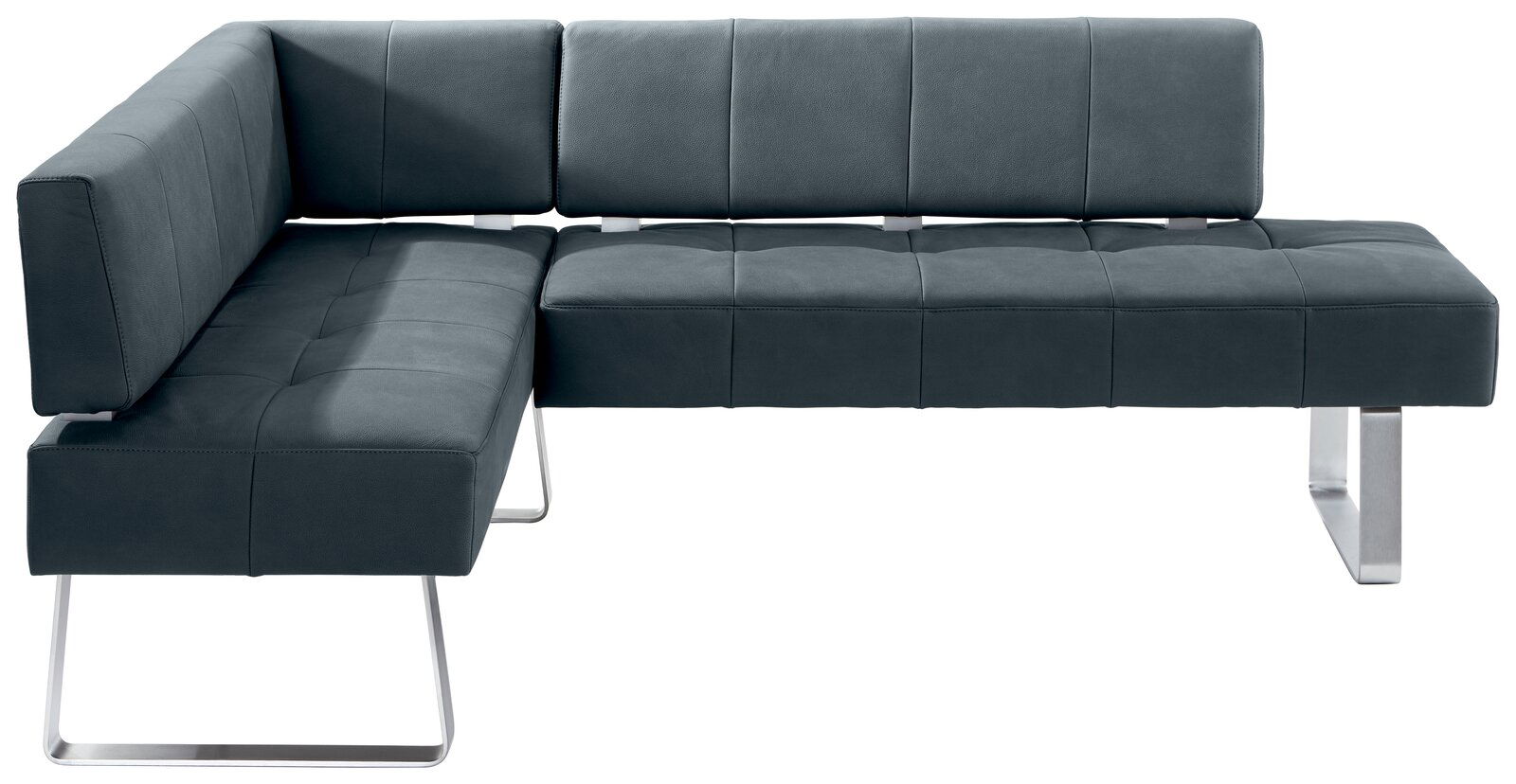 Moderne Eckbank in dunklem Leder mit Metallbeinen, Ansicht von vorne.