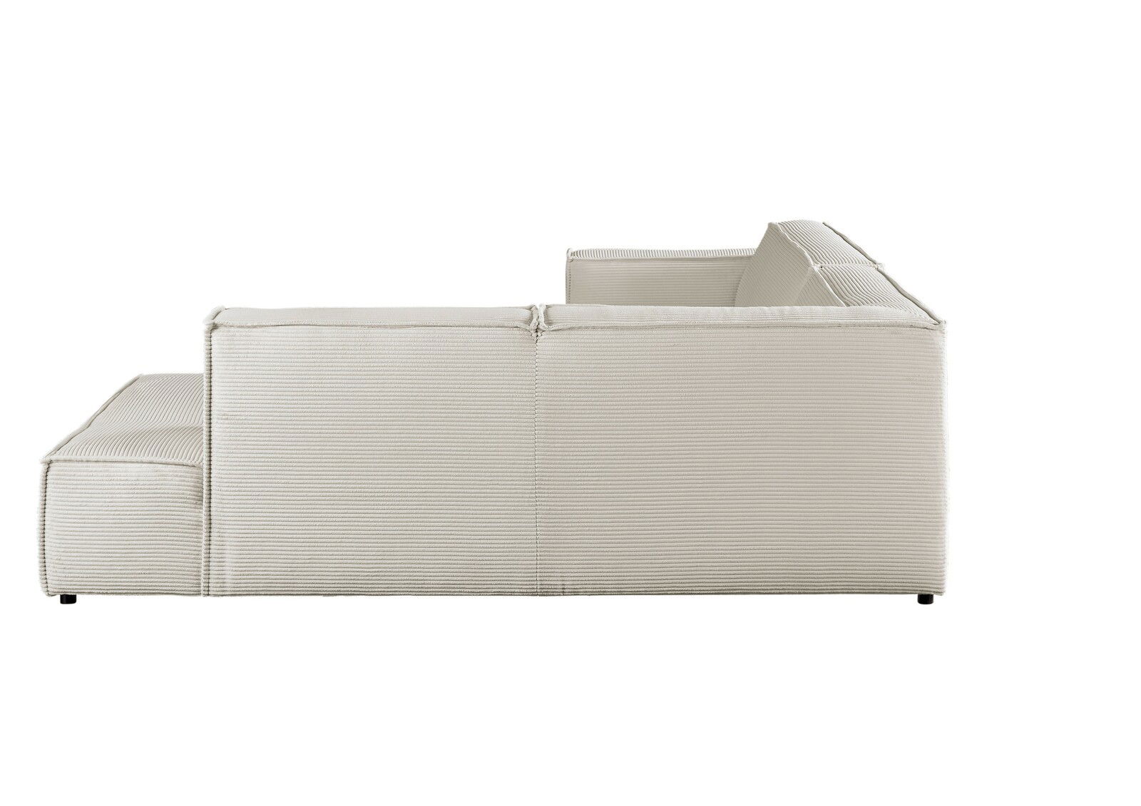 Seitenansicht einer beigen Eckkombination mit geripptem Stoffbezug.