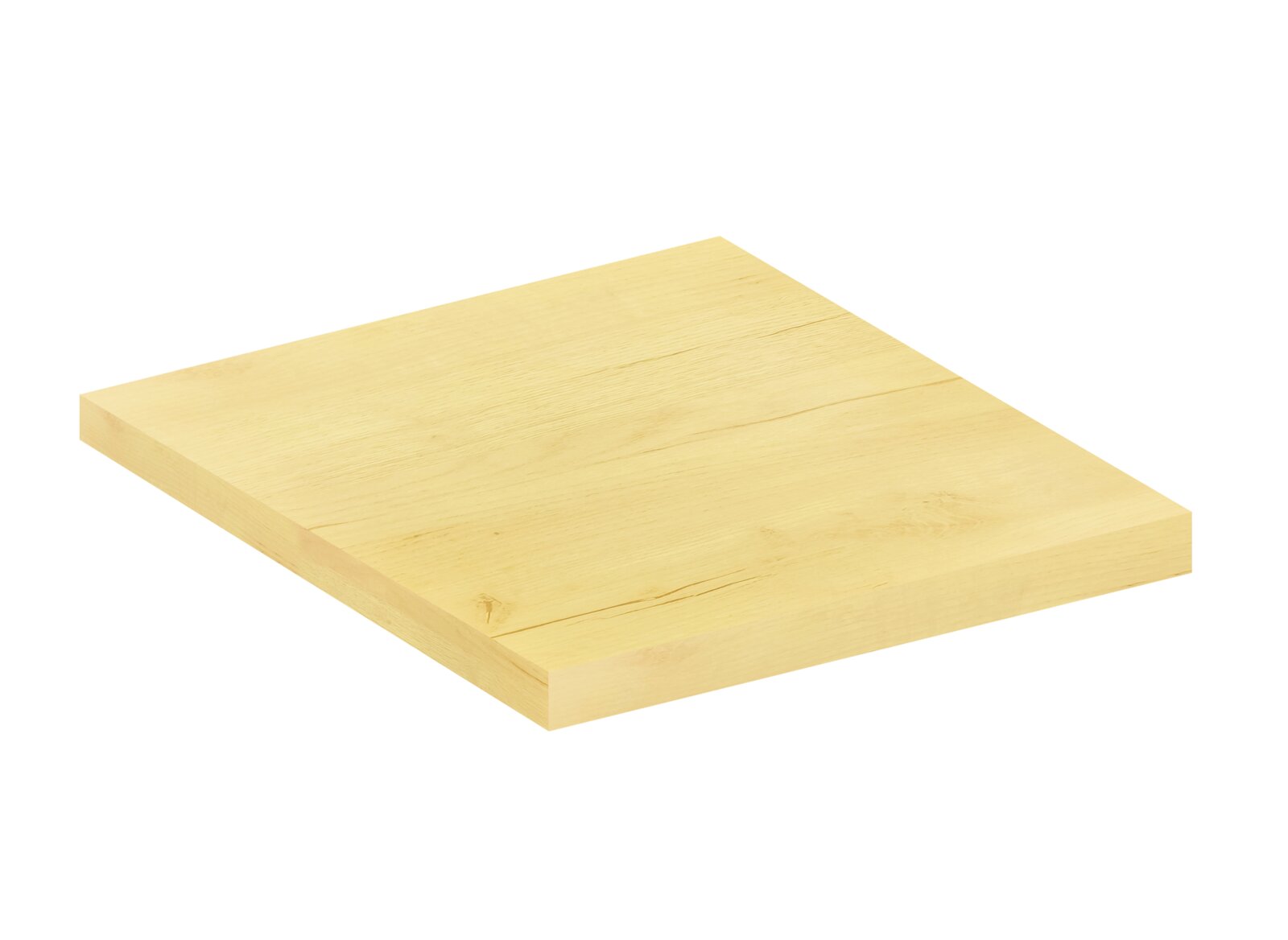 Helle Holzplatte aus Massivholz mit sichtbarer Maserung, freigestellt auf weißem Hintergrund, in schräger Draufsicht (3/4-Perspektive)