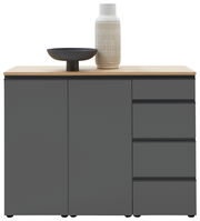 Moderne Kombi-Kommode 135 in dunklem Grau mit Holzplatte, zwei Türen und vier Schubladen, frontal abgebildet, dekoriert mit einer Vase und einer Schale.