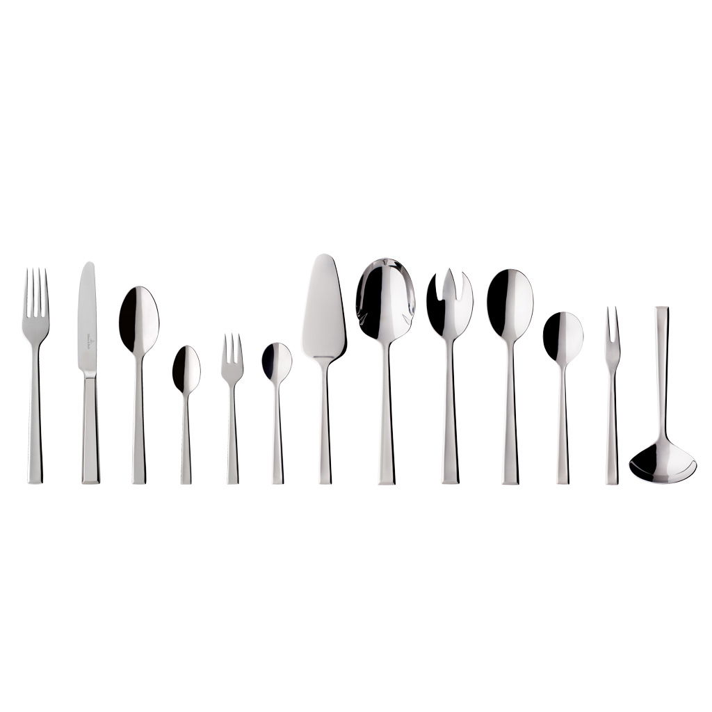 Elegantes 68-teiliges Tafelbesteck-Set Victor aus Edelstahl, frontal präsentiert, bestehend aus verschiedenen Gabeln, Messern und Löffeln.