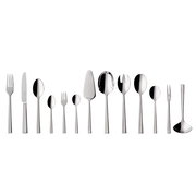 Elegantes 68-teiliges Tafelbesteck-Set Victor aus Edelstahl, frontal präsentiert, bestehend aus verschiedenen Gabeln, Messern und Löffeln.