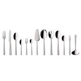 Elegantes 68-teiliges Tafelbesteck-Set Victor aus Edelstahl, frontal präsentiert, bestehend aus verschiedenen Gabeln, Messern und Löffeln.