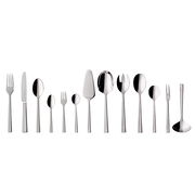 Elegantes 68-teiliges Tafelbesteck-Set Victor aus Edelstahl, frontal präsentiert, bestehend aus verschiedenen Gabeln, Messern und Löffeln.
