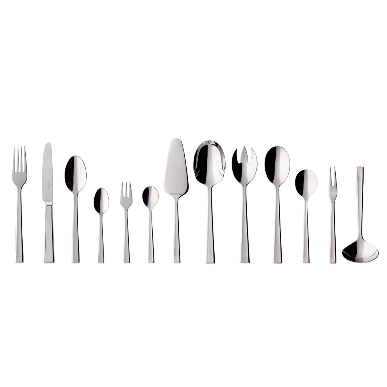 Elegantes 68-teiliges Tafelbesteck-Set Victor aus Edelstahl, frontal präsentiert, bestehend aus verschiedenen Gabeln, Messern und Löffeln.