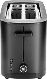 Schwarzer Toaster mit zwei Schlitzen, Vorderansicht, mit Bedienelementen und Drehknopf.