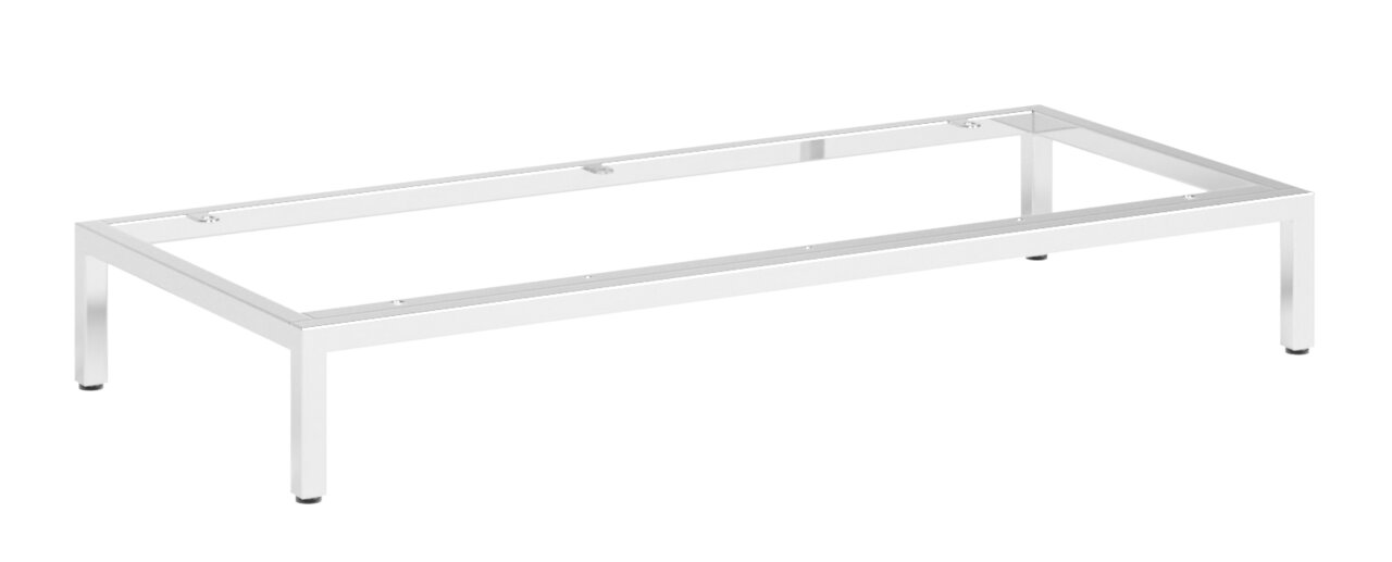 Novel Metalluntergestell 60cm FOCUS STAURAUM T40 Weißes, rechteckiges Metall-Untergestell für Tisch oder Rahmenkonstruktion mit vier Beinen, freigestellt auf schwarzem Hintergrund, in schräger Seitenansicht von vorne oben.
