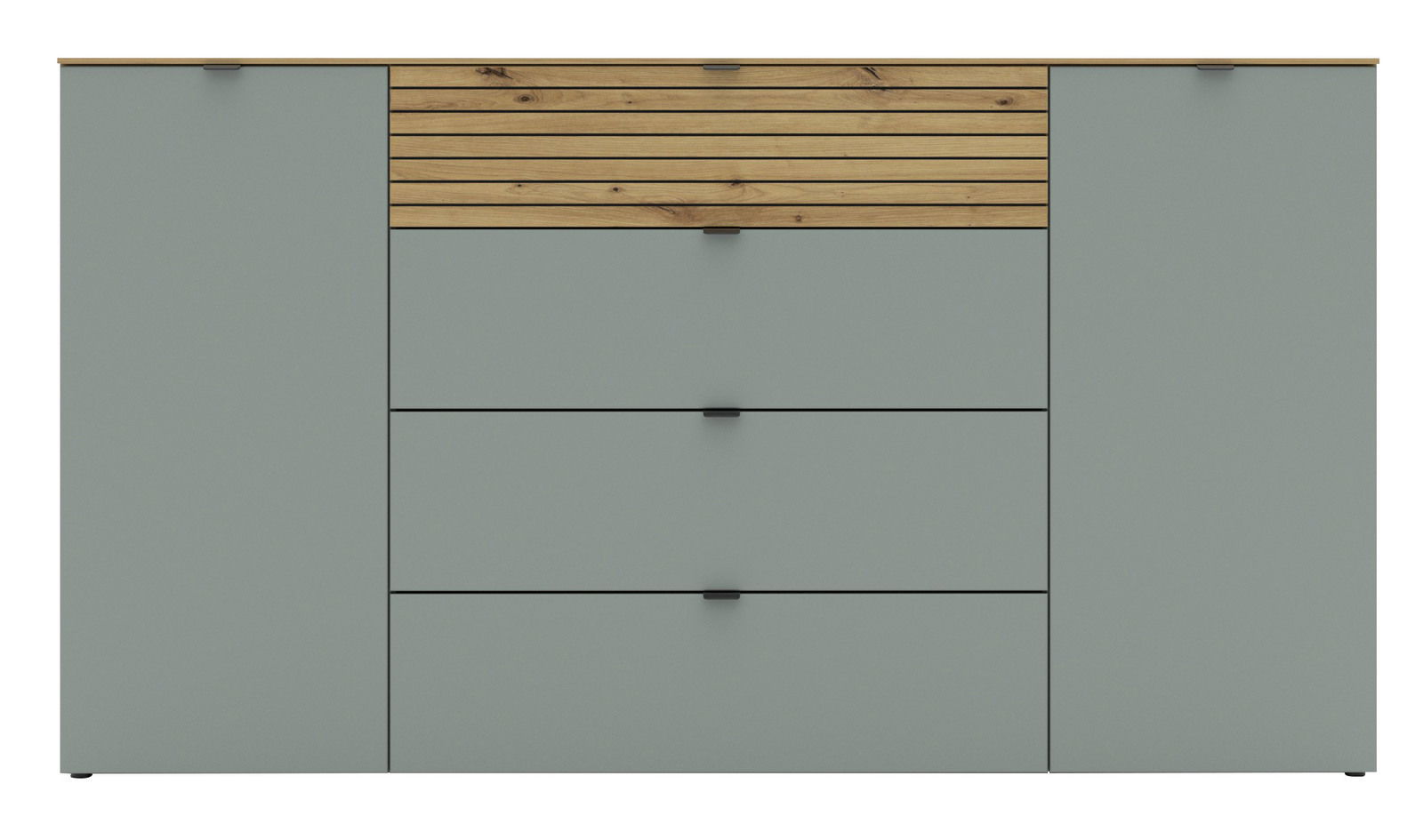 Frontale Ansicht eines modernen Sideboards mit grauen Türen und Schubladen, sowie einem oberen Abschnitt aus Holzlatten.