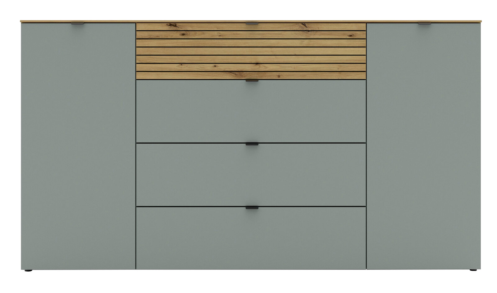 Frontale Ansicht eines modernen Sideboards mit grauen Türen und Schubladen, sowie einem oberen Abschnitt aus Holzlatten.