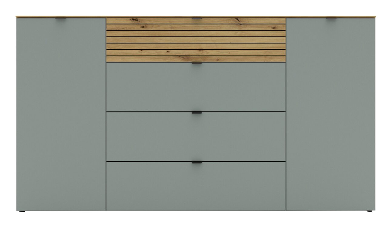 Frontale Ansicht eines modernen Sideboards mit grauen Türen und Schubladen, sowie einem oberen Abschnitt aus Holzlatten.