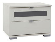 Weiße Nachtkonsole mit zwei Schubladen, moderne Griffe und rechteckigem Design, seitliche Perspektive