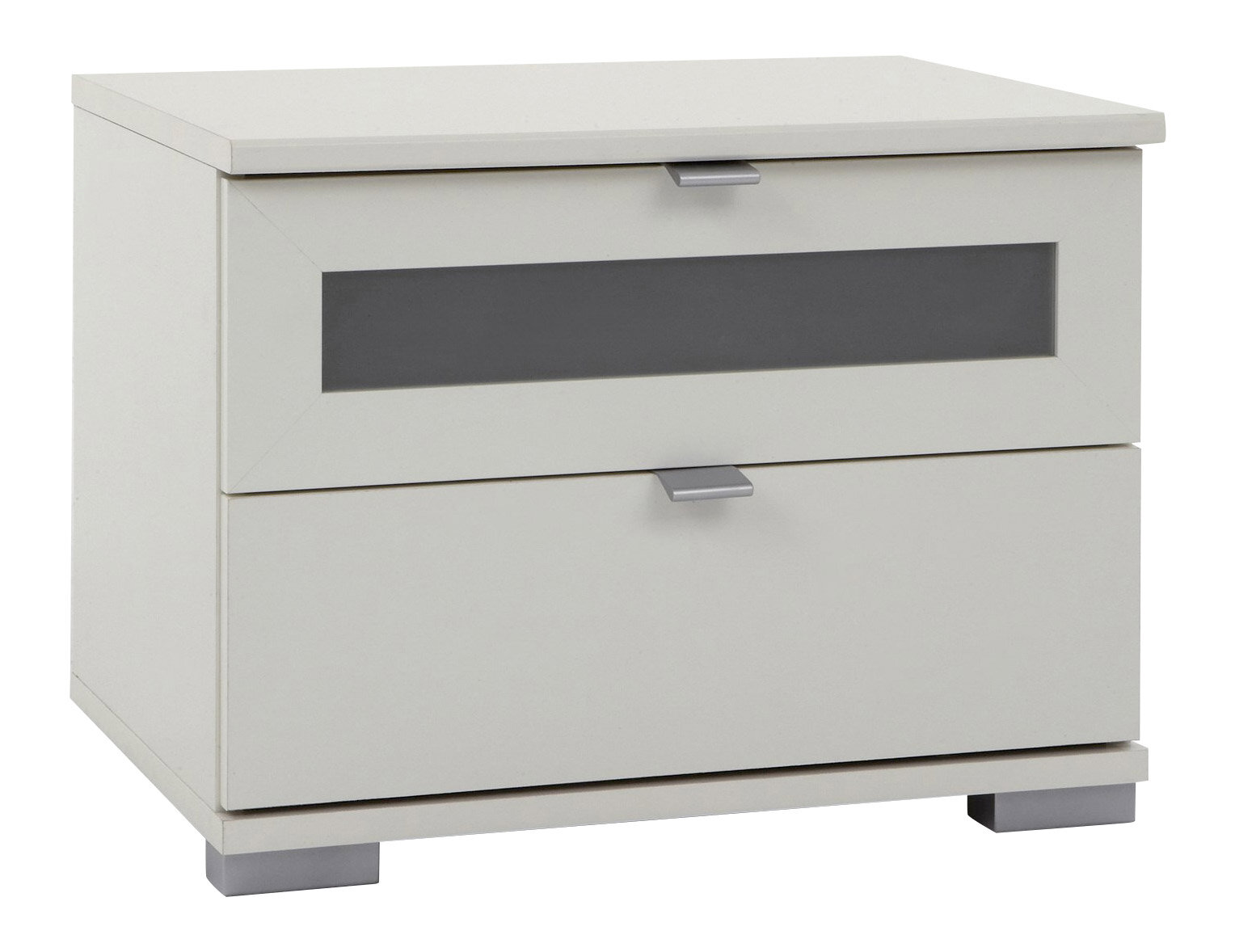 Weiße Nachtkonsole mit zwei Schubladen, moderne Griffe und rechteckigem Design, seitliche Perspektive